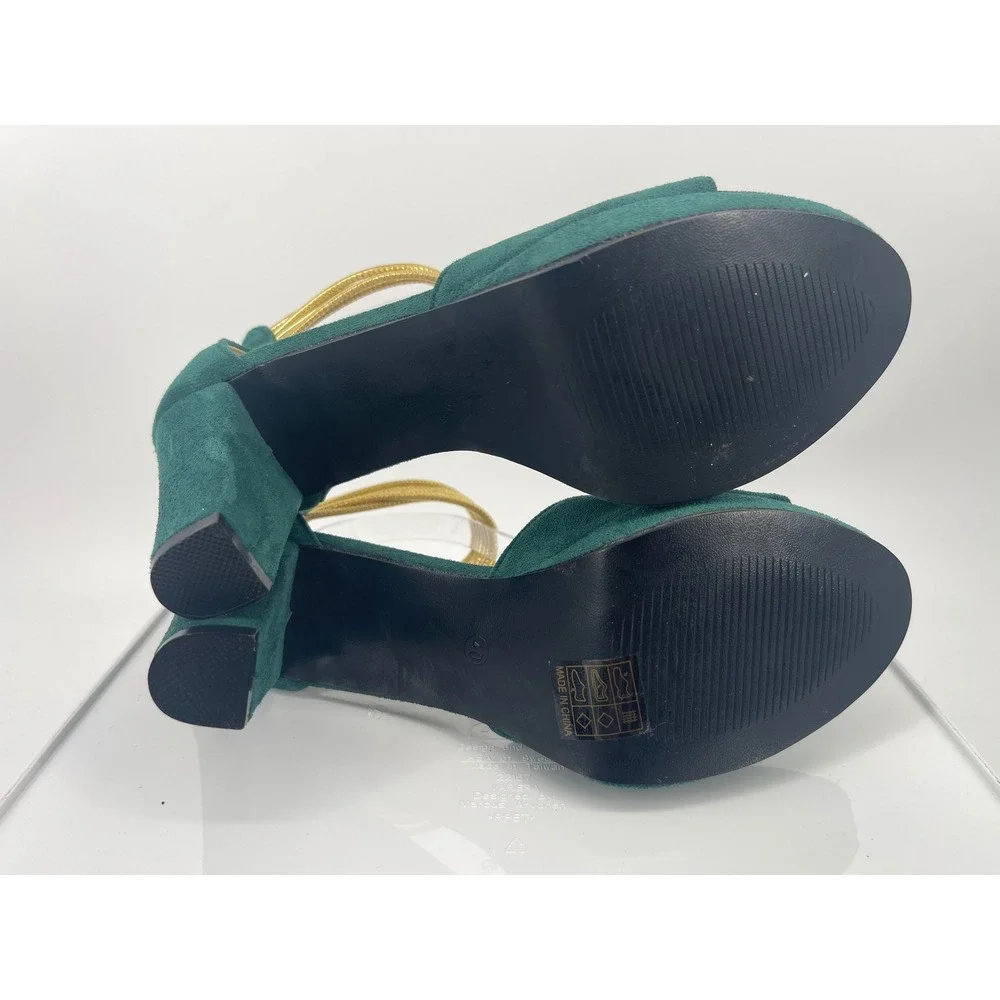Green Faux Suede Platform Sandals Gold Ankle Cuff Block Heel Women Size 40 9